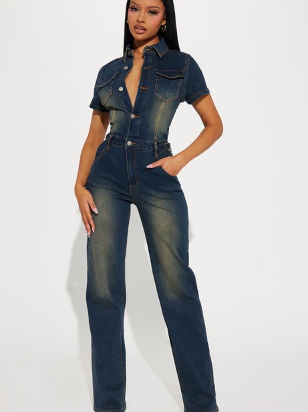 Fashion Nova Dark Blue Washed Denim Jumpsuit